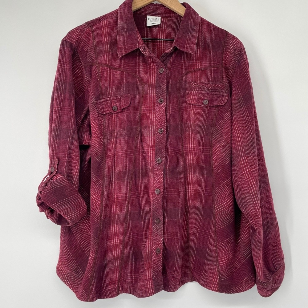 Columbia Burgundy Plaid Flannel Shirt Western Cottagecore Fall Layering 3X